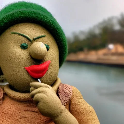 Image similar to cinematic shot of a cute green clay man smoking a cigarette and sitting by a riverbank, 8k, highly intricate, highly detailed,