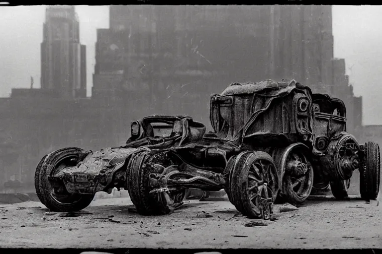 Image similar to cyberpunk 1 9 0 8 model ford t by paul lehr, jesper ejsing, metropolis, mad max, parked by view over city, vintage film photo, robotic, damaged photo, scratched photo, scanned in, old photobook, silent movie, black and white photo