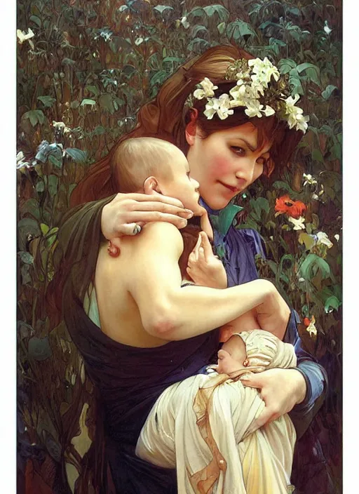 Prompt: a mother holding her baby, beautiful painting by artgerm and greg rutkowski and alphonse mucha