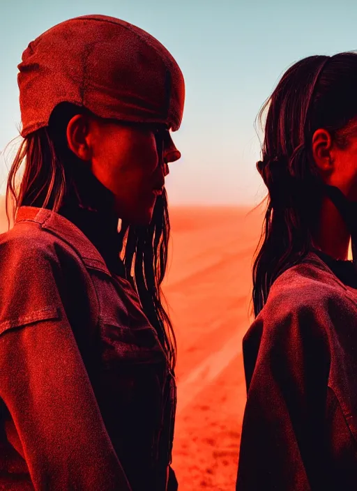 Image similar to cinestill 5 0 d photographic portrait of two loving female androids wearing rugged black techwear on a desolate plain with a red sky in front of a brutalist dark metal building, extreme closeup, cyberpunk style, dust storm, 8 k, hd, high resolution, 3 5 mm, f / 3 2, ultra realistic faces, ex machina