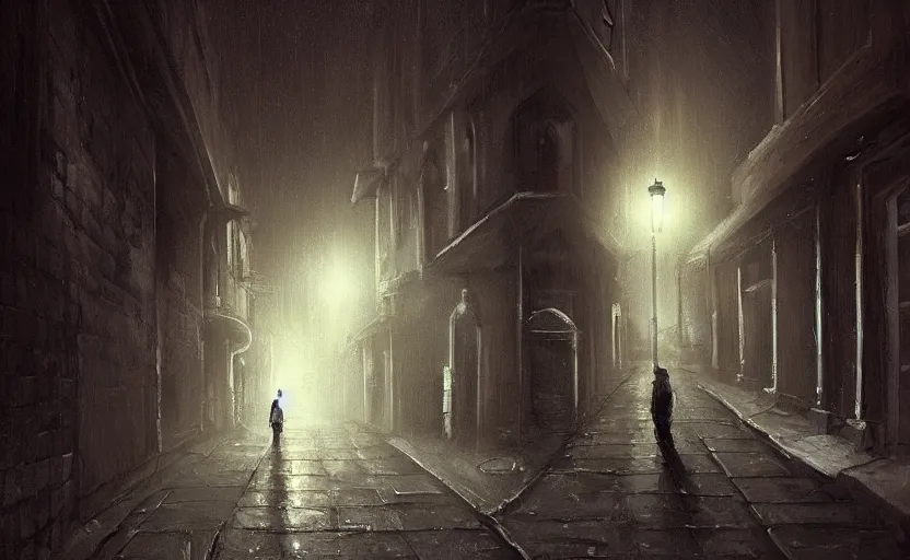 Image similar to dim lit, dark alley street with a man walking, depth of field, very atmospheric, painting inspired from artstation