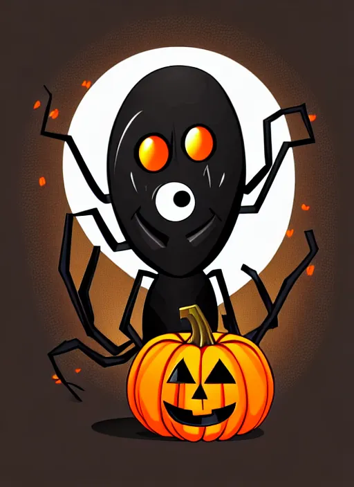 Image similar to creepy black spider with an evil looking pumpkin head, spooky halloween theme, illustration line art style