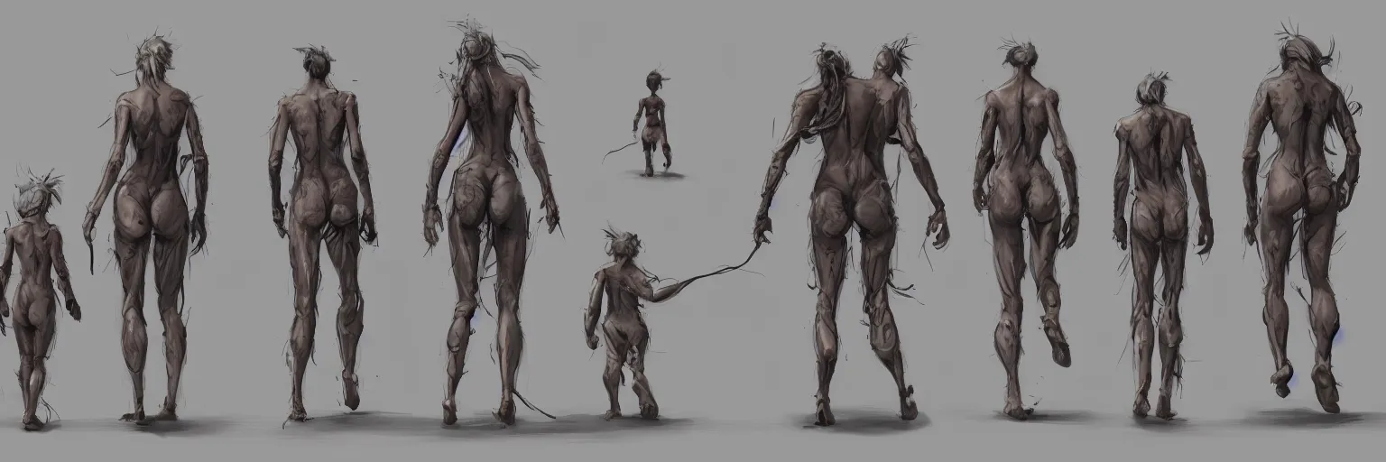 Image similar to family walk cycle, realistic deformed family walking while wearing a thong, character sheet, fine details, concept design, contrast, kim jung gi, greg rutkowski and francis bacon, trending on artstation, 8 k, full body and head, turnaround, front view, back view, ultra wide angle