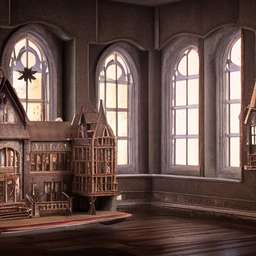 Prompt: photo of Hogwarts as a highly detailed dollhouse, interior view, extreme details, soft lighting, crepuscular rays, realistic octane render, 8k