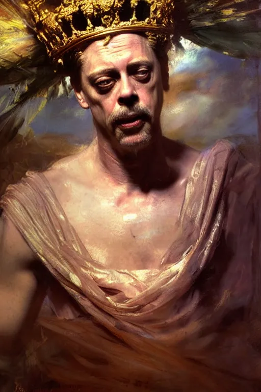 Prompt: beautiful detailed expressive impressionistic oil painting portrait of ancient roman god emperor steve buscemi ascending on high wearing the civic crown, renaissance painting, dark background, art by anders zorn, wonderful masterpiece by greg rutkowski, expressive brush strokes, beautiful cinematic light, american romanticism by greg manchess, jessica rossier