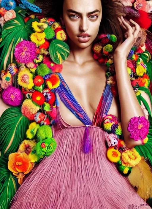 Image similar to beautiful portrait of Irina Shayk wearing fantastic Hand-dyed cotton dress,embellished beaded feather decorative fringe knots ,colorful pigtail,subtropical flowers and plants,symmetrical face,intricate,elegant,highly detailed,8k,digital painting,trending on pinterest,GUCCI,PRADA,harper's bazaar,concept art, sharp focus,golden ratio,illustration,by artgerm,Tom Bagshaw,Lawrence Alma-Tadema,greg rutkowski