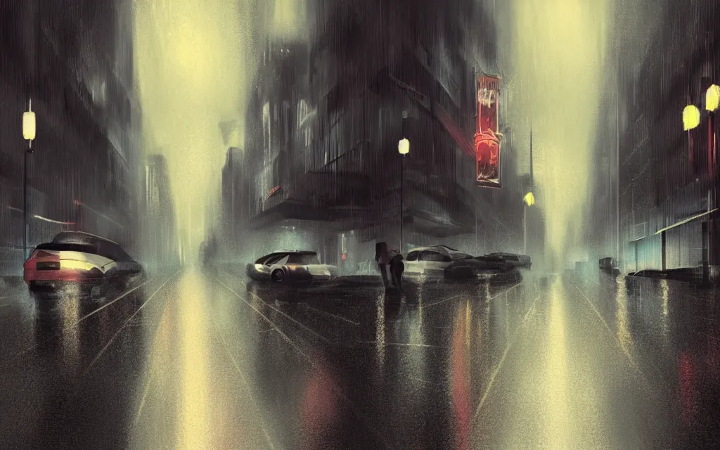 Image similar to concept art, wet helsinki street at night by roger deakins, in the style of syd mead and liam wong