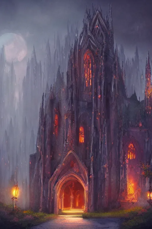 Prompt: beautiful digital matter cinematic painting of whimsical gothic ruins closup enchanted dark background, by greg rutkowki artstation
