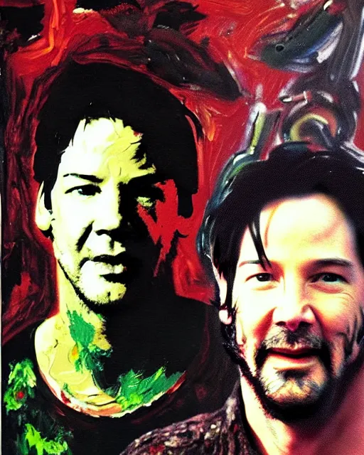 Prompt: jackson pollock painting of keanu reeves and shrek