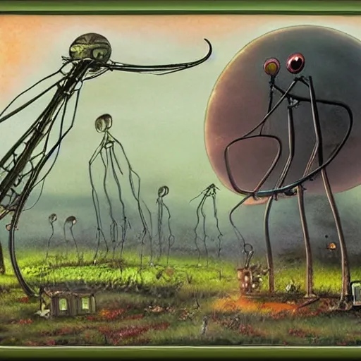 Prompt: war of the worlds, in the style of ghibli and mark ryden