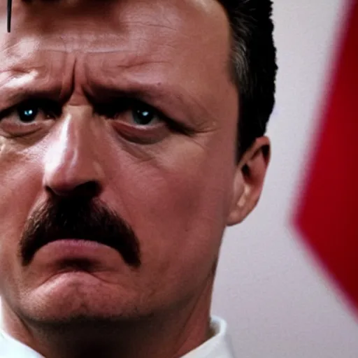 Image similar to Igor Ghirkin Strelkov as The American Psycho, sweating hard, staring schizophrenically, cinematic still