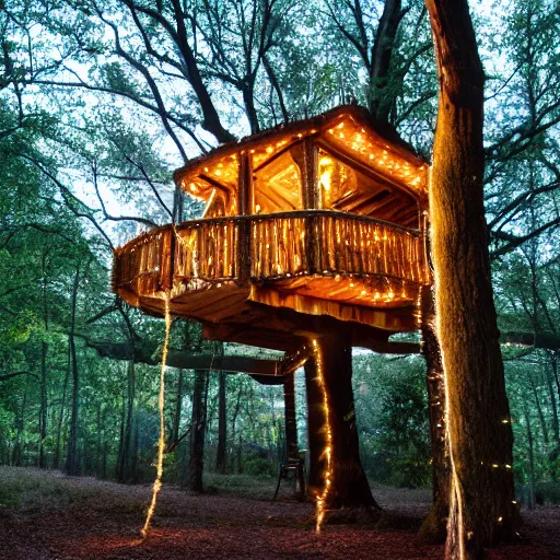 Image similar to a professional photograph of a treehouse in a forest covered in fairy lights, HD, high quality, highly detailed, award-winning