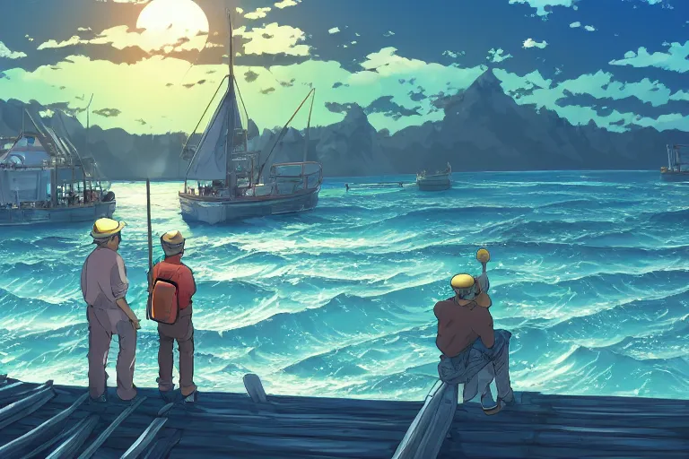 Image similar to cell shaded anime key visual of a group of fisherman trying to sell fish on the docks of a coastal fantasy city in the style of studio ghibli, moebius, makoto shinkai, dramatic lighting