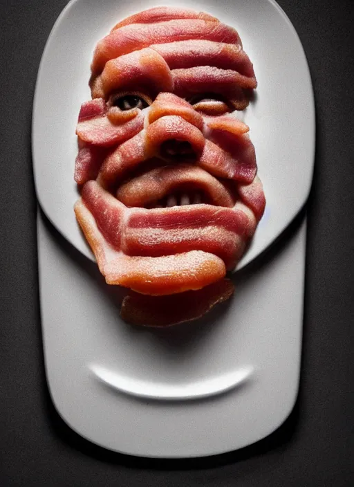 Image similar to bacon in the shape of a human face, human face made out of bacon, kevin bacon made out of bacon, professional food photography, unreal engine