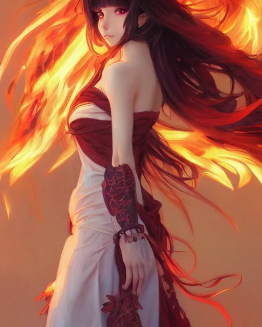 Image similar to beautiful long haired anime girl, fire dress, full body photo, flames everywhere, highly detailed, digital painting, artstation, concept art, smooth, sharp focus, illustration, art by artgerm and greg rutkowski and alphonse mucha