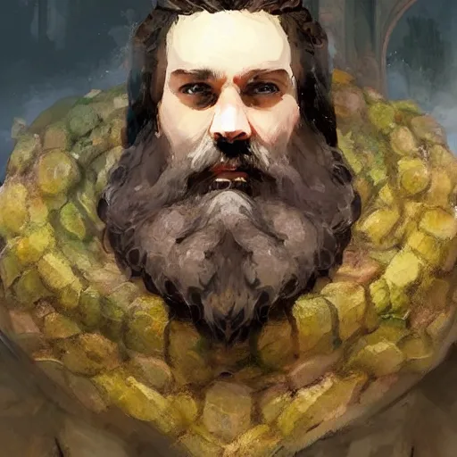 Image similar to A portrait of a cleric of Cthulu with short dark hair and a trimmed beard, he wears a cubic sandstone pendent around his neck, as dark magic emanates from the sandstone tentacles spur from the water, digital art by Ruan Jia