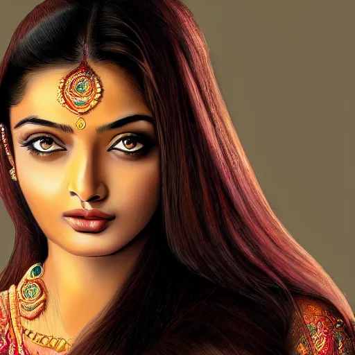 Image similar to beautiful Indian cute teen girl resembling Aishwarya Rai, beauty expressive pose, art by mark brooks, but as a real life photograph, natural skin tone HDR photorealism, cinematic lighting, 8k ultra high definition