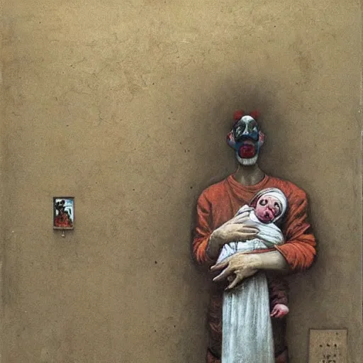 Prompt: a clown holding a baby inside an abandoned hospital, beksinski, dariusz zawadzki, geometric abstract