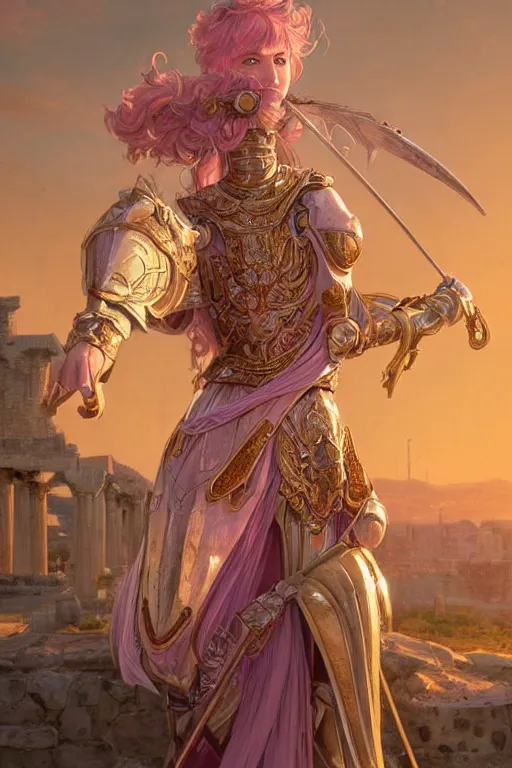 Prompt: portrait knights of Zodiac girl, metalic pink and pastel purple reflected armor, in ruined Agora of Athens sunrise, harp, ssci-fi, fantasy, intricate, very very beautiful, elegant, golden light, highly detailed, digital painting, artstation, concept art, smooth, sharp focus, illustration, art by tian zi and WLOP and alphonse mucha