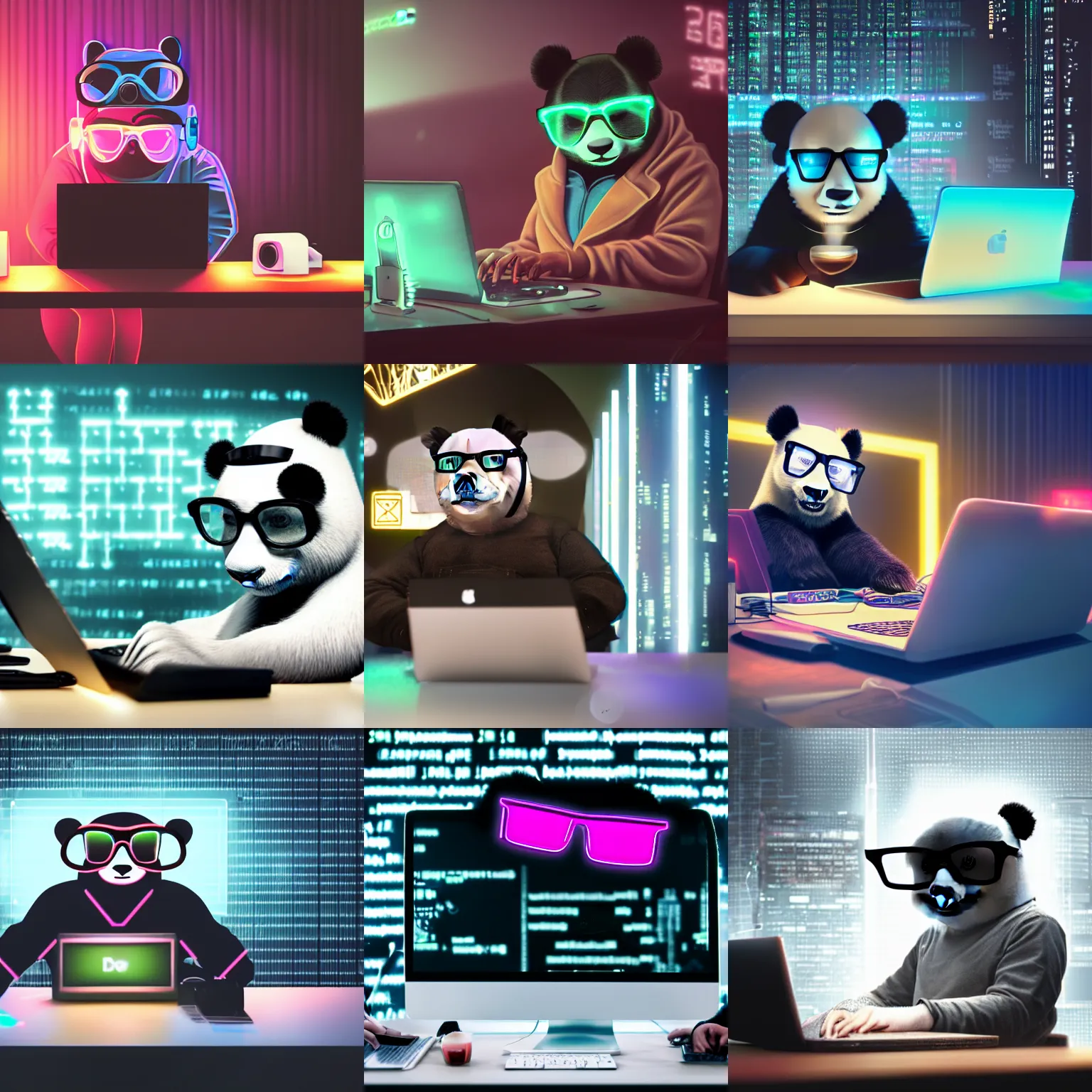 Prompt: a cute panda wearing metal frame glasses is coding in front of the computer (Mac Studio), foggy, mystery code, Cyberpunk, neon light, 4k, hd, highly detailed