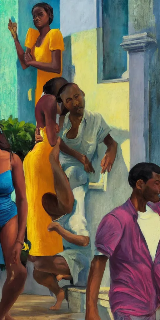 Prompt: local people having fun in the city of salvador, brazil, black people, relaxed poses, pastel colors, artwork by edward hopper, close-up, interiors, leisure activities, close medium shot, strange vegetation, futuristic, people, cinematic lighting, atmospheric, andrei tarkovski, trending on artstation