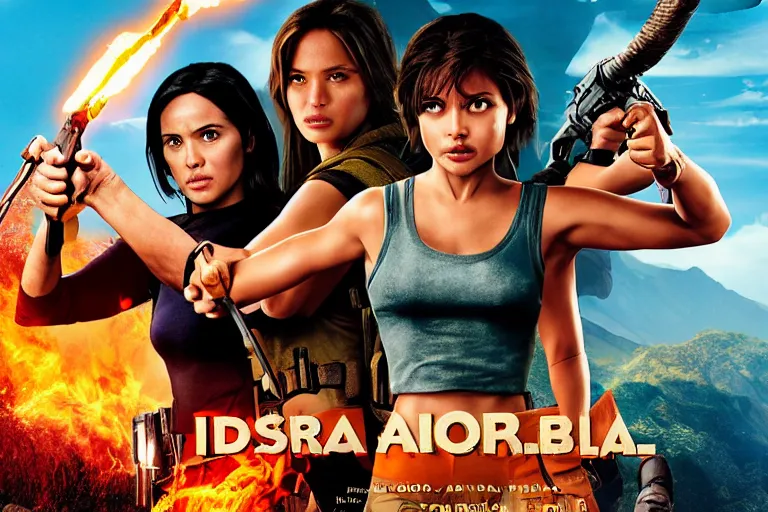 Image similar to Isabela Merced as Dora the Explorer vs Angelina Jolie as Lara Croft, movie poster, film by Michael Bay