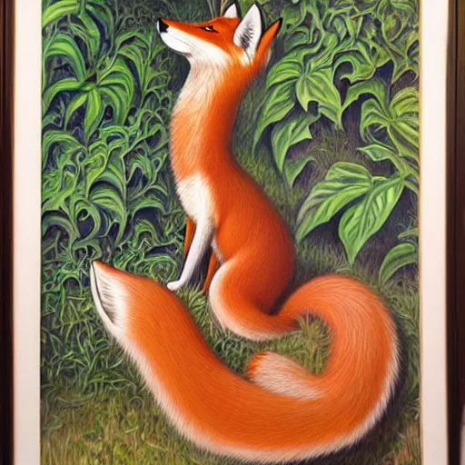 Image similar to beautiful lifelike painting of a fox chewing its own tail, hyperreal detailed facial features and uv lighting, art by ed roth and basil wolverton