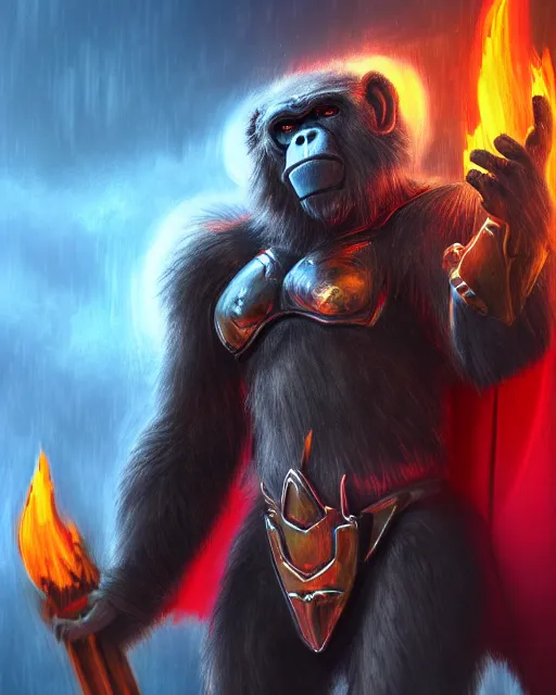 Image similar to fury art, an anthro ape wearing a large cape and a fantasy armor, fire, ice, fiery background, 3 d, 8 k, extremely detailed, trending on furaffinity, trending on artstation, award winning, sharp focus, illustration