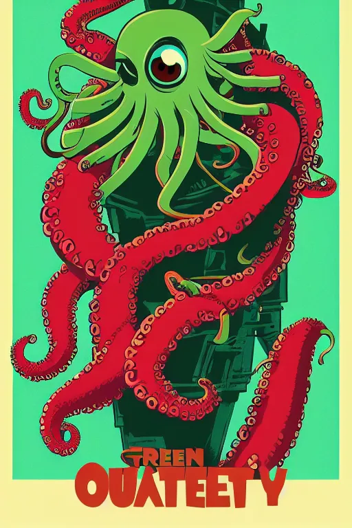 Prompt: a movie poster for the film (green monster octopus) by Tom Whalen, pixar style highly detailed, artstation