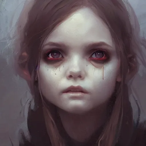 Prompt: Portrait of a small vampire girl, detailed face, fantasy, highly detailed, cinematic lighting, digital art painting by greg rutkowski