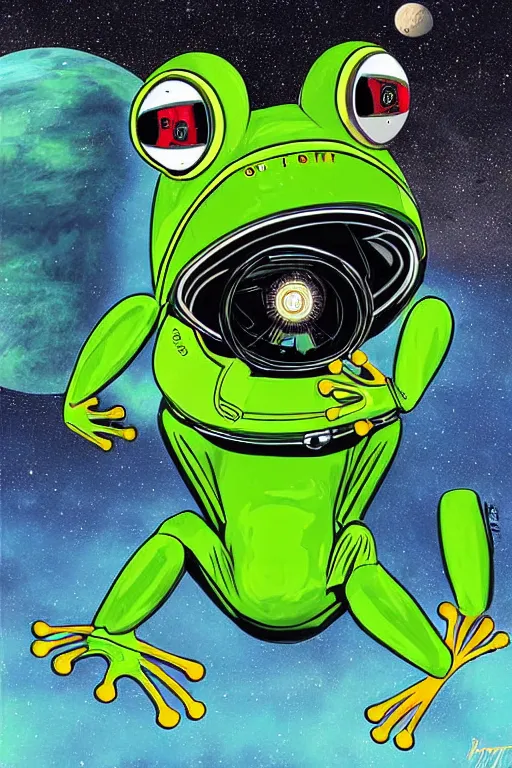 Image similar to long shot, frog wearing a complex astronaut suit in the style of 2001 a space odyssey, digital art, ultra realistic, ultra detailed, art by Randy Bishop, hyperdetailed