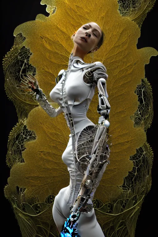 Image similar to intricate hyper detailed ultra sharp 3 d render, unity of mood, biomechanical cyborg ladies dancing, atmospheric, foliage, fractal, flowing, white large pore fungi, cyberpunk art nouveau, haute couture alexander mcqueen leaves stems dahlia blooming transparent fractal filigree roots, intricate details, octane render, volumetric cinematic lighting, natural beautiful light, yellow infrared, lumiol, 8 k,