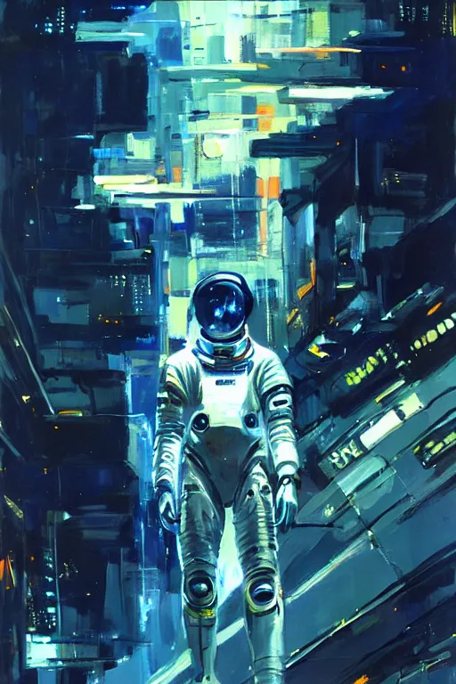 Image similar to a futuristic cybernatic astronaut, led lights, painting by greg ruthowski, alphonse murac, yoji shinkawa, john berkey, wlop, craig mullins, collaborative artwork, exquisitely high quality and detailed