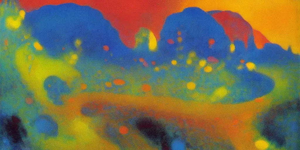 Image similar to An insane, modernist landscape painting. Wild energy patterns rippling in all directions. Curves, organic, zig-zags. Mountains, clouds. Rushing water. Waves. Psychedelic dream world. Odilon Redon. Peter Max.