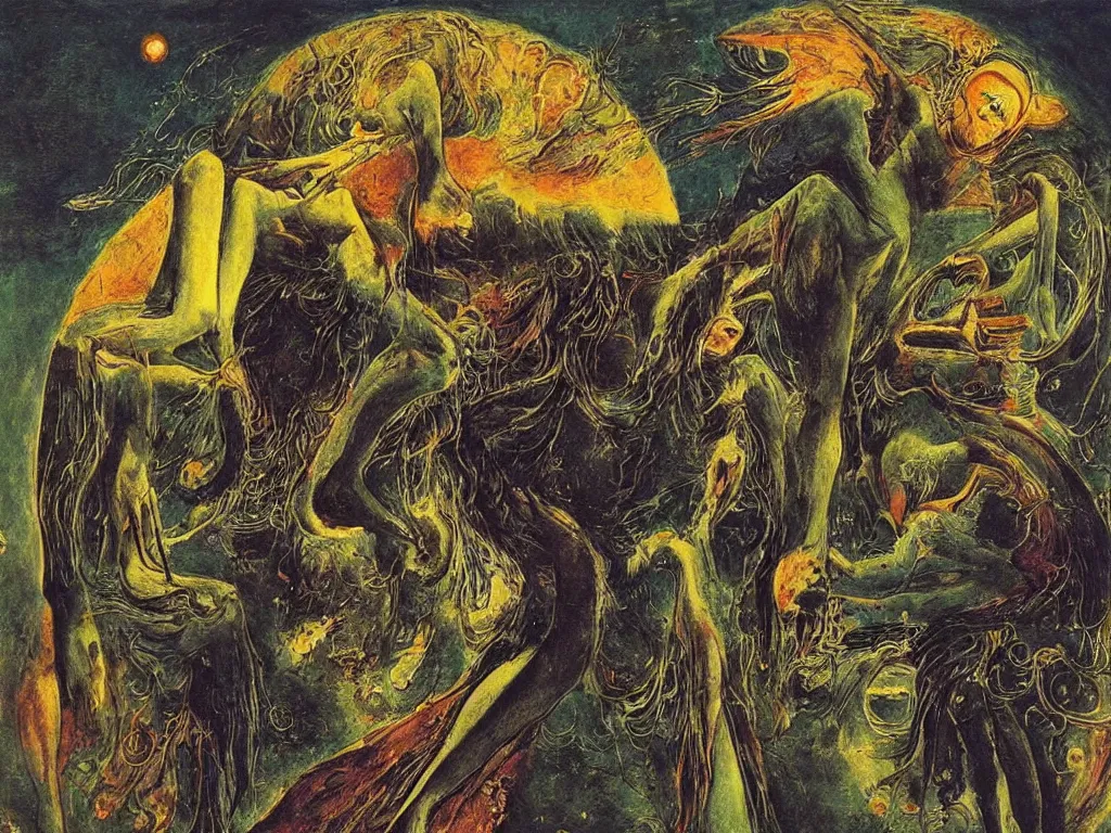 Image similar to cosmic pupil under torrential rain. valley of joy and despair. open manuscript of alchemic insect. painting by max ernst, moebius, arnold bocklin, william blake