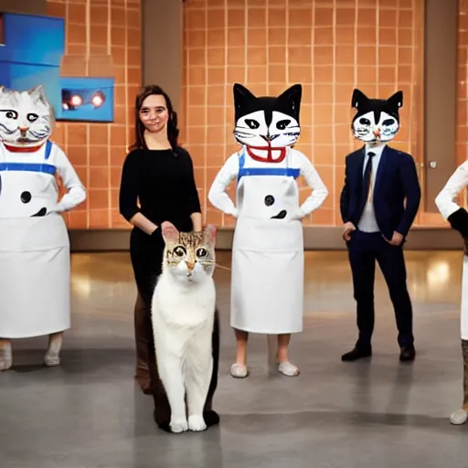 Image similar to anthropomorphic cats competing at masterchef TV show, studio shot