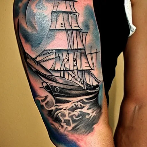 Image similar to A magical pirate ship, tattoo design on paper, hyper realistic shaded tattoo, award winning tattoo