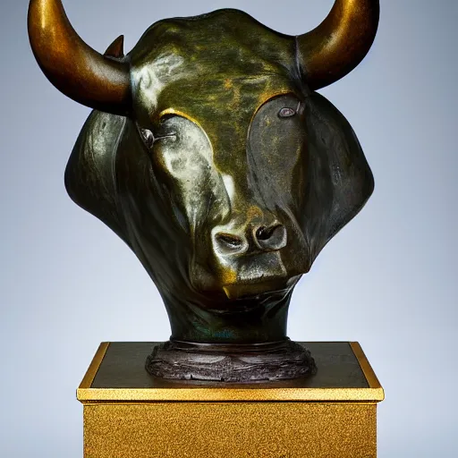 Prompt: professional color photograph of a patinated bronze portrait bust of an angry bull supported by a bronze plinth, by Auguste Rodin, Jean-Leon Gerome