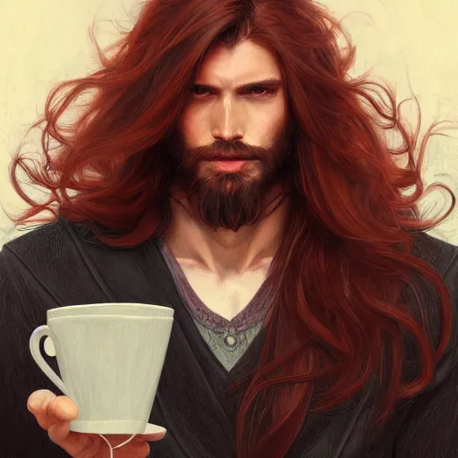 Image similar to portrait of a manly wolf, male, handsome, masculine, full body, red hair, long hair, soft hair, fantasy, intricate, elegant, highly detailed, suit, coffee shop, digital painting, artstation, concept art, character art, smooth, sharp focus, illustration, art by artgerm and greg rutkowski and alphonse mucha