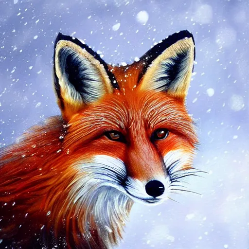 Image similar to a fantasy artwork of a red fox in the snow during a blizzard