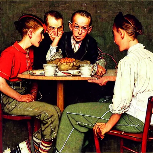 Image similar to Three students talking at a table artwork by Norman Rockwell, cinematic view, high quality