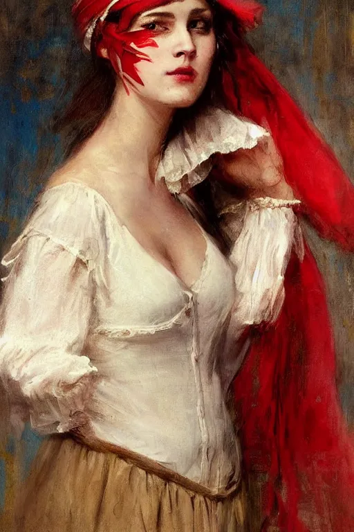 Image similar to Solomon Joseph Solomon and Richard Schmid and Jeremy Lipking victorian genre painting full length portrait painting of a young beautiful woman traditional german french pirate wench in fantasy costume, red background