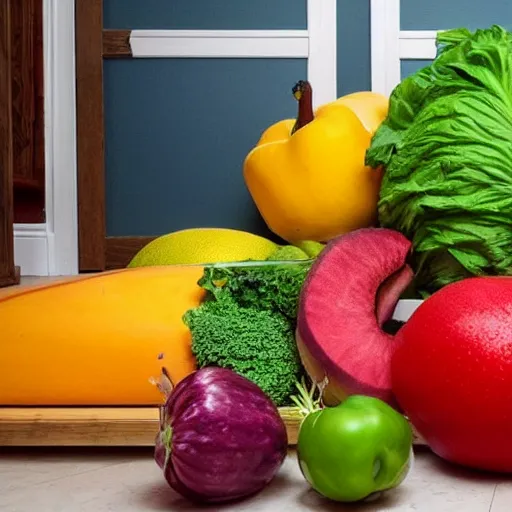 Image similar to a photo of fat men in swimsuits wrestling giant fruit and vegetables squashed and juicy all over the floor.