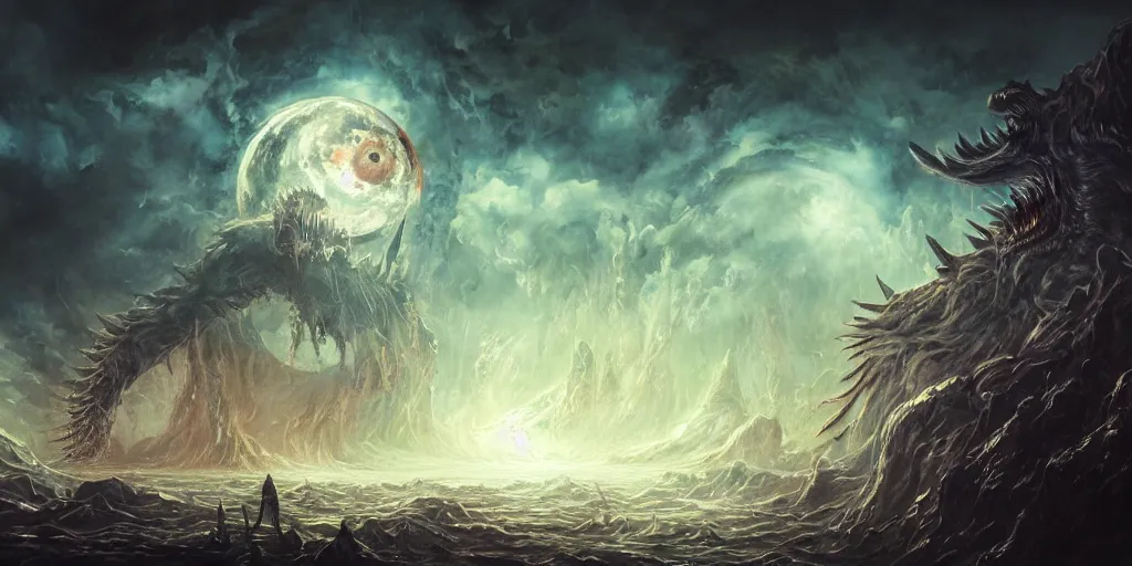 Image similar to concept art of giant kaiju, japanese, lots of teeth, melting horror, round moon, rich clouds, fighting the horrors of the unknown, mirrors, very detailed, volumetric light, mist, grim, fine art, decaying, textured oil over canvas, epic fantasy art, very colorful, ornate, anato finnstark