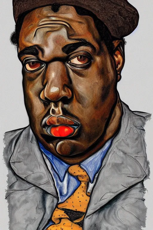 Image similar to a portrait of biggie small in style of egon schiele, masterpiece, hyperdetailed, complex, intricate, 4 k, trending on artstation