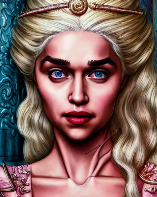 Image similar to closeup portrait happy beautiful daenerys targaryen with long blonde windblown hair in an ornate royal dress, standing on a street in chinatown, pink lipstick, glamour pose, detailed illustration, digital art, trending on artstation, arney freytag, frank miller, moebius, graffiti,