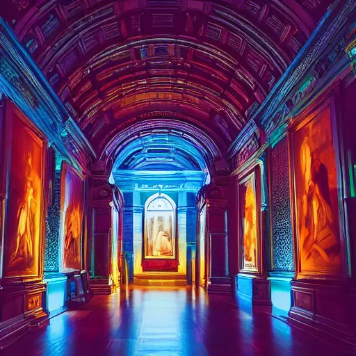 Prompt: detailed, deep depth of field, colourful lightning, history museum hall with statues and paintings, dark academia aesthetics, mood light, blue