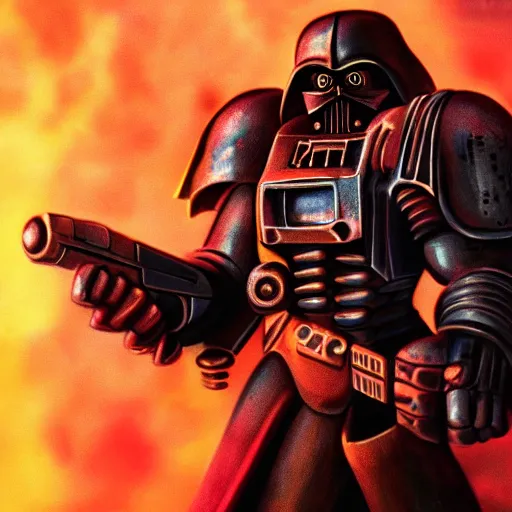 Image similar to space marine from warhammer 40000 in the style of Darth Vader from star wars, realism, depth of field, focus on darth vader,