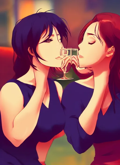 Image similar to two beautiful mothers drinking on a hot summer evening, gorgeous faces, thick lines, cinematic lighting, detailed anime art