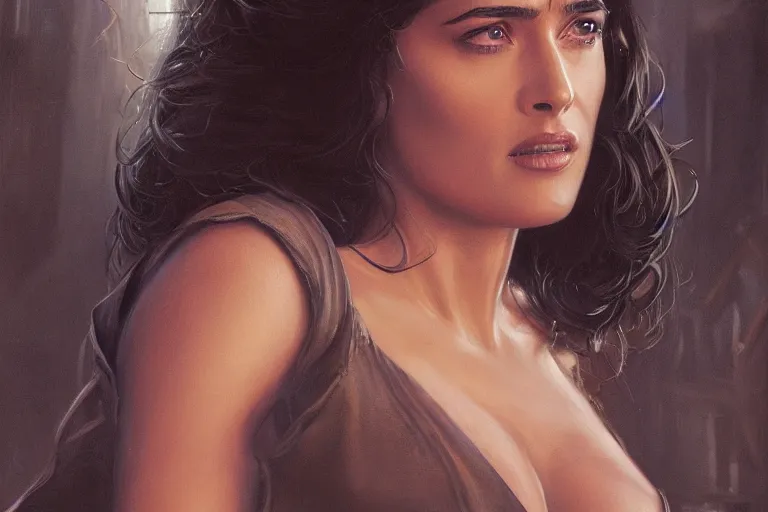 Prompt: young Salma Hayek as a replicant from blade runner, detailed, centered, digital painting, artstation, concept art, donato giancola, Joseph Christian Leyendecker, WLOP, Boris Vallejo, Breathtaking, 8k resolution, extremely detailed, beautiful, establishing shot, artistic, hyperrealistic, beautiful face, octane render